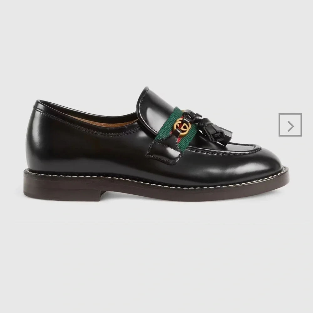 Gucci Black Leather Kids Tassel Loafers with Green and Red Web